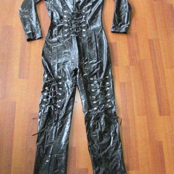 Black Shiny Wet Look Catsuit with Lacing and Cat Ears - Picture 4 of 11